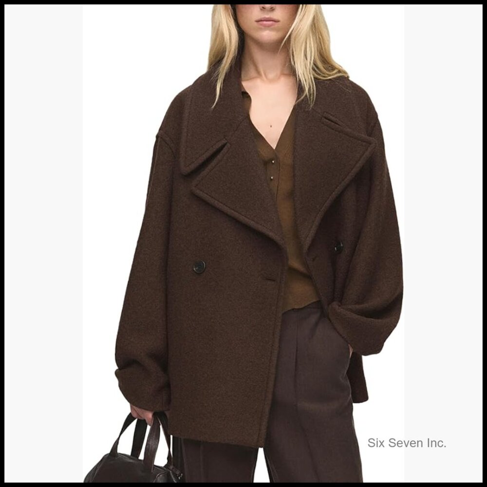 Wool Blend Peacoat Double Breasted Cropped Coat Notched Lapel Pockets